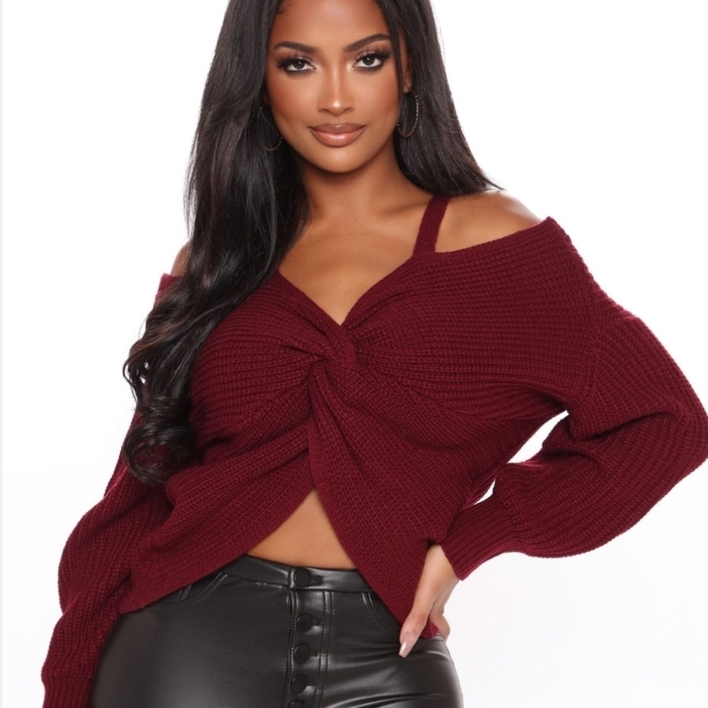 Fashion Nova Off-the-Shoulder Burgundy Sweater